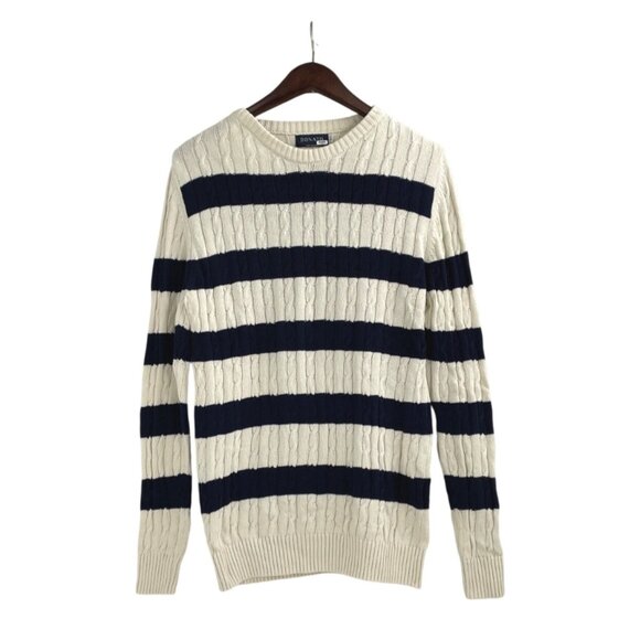 Donato Other - Donato Mens Large Cable Knit Cotton Sweater Striped Navy Cream Crewneck Nautical